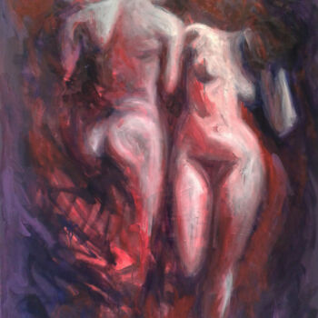 Painting titled "Adam et Eve" by Muriel Henry, Original Artwork, Oil Mounted on Wood Stretcher frame