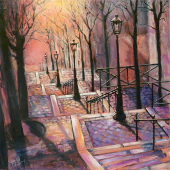 Painting titled "Escaliers de Montma…" by Muriel Henry, Original Artwork, Oil Mounted on Wood Stretcher frame