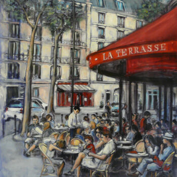 Painting titled "La terrasse" by Muriel Henry, Original Artwork, Oil Mounted on Wood Stretcher frame