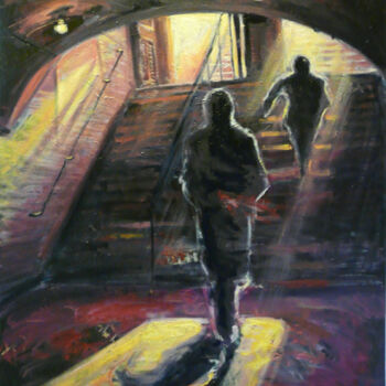 Painting titled "Sortie de métro" by Muriel Henry, Original Artwork, Oil Mounted on Wood Stretcher frame