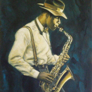 Painting titled "Saxo" by Muriel Henry, Original Artwork, Oil Mounted on Wood Stretcher frame