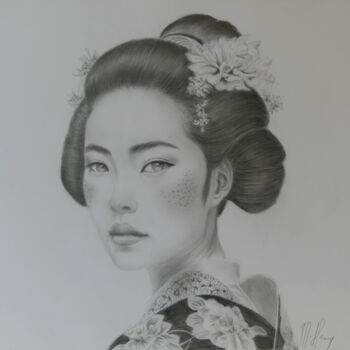 Dessin intitulée "Portrait Geisha" par Muriel Henry, Œuvre d'art originale, Graphite