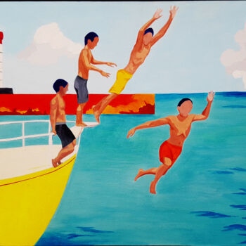 Painting titled "on plonge !" by Muriel Monserisier, Original Artwork, Acrylic Mounted on Cardboard