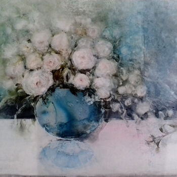 Schilderij getiteld "Le vase bleu II" door Muriel Mougeolle, Origineel Kunstwerk, Aquarel Gemonteerd op Karton
