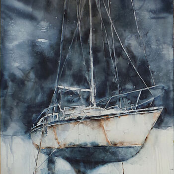 Painting titled "Le temps suspendu" by Muriel Mougeolle, Original Artwork, Watercolor Mounted on Wood Stretcher frame