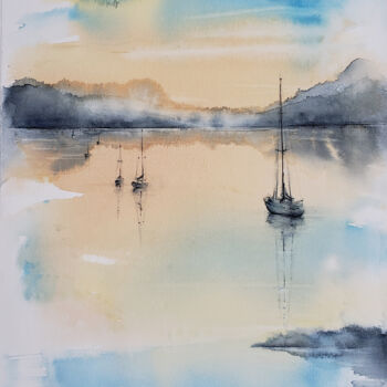 Painting titled "Marine IX" by Muriel Mougeolle, Original Artwork, Watercolor