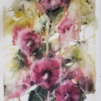 Peinture intitulée "Roses trémières au…" par Muriel Mougeolle, Œuvre d'art originale, Aquarelle