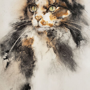 Painting titled "Chat pensif" by Muriel Mougeolle, Original Artwork, Watercolor