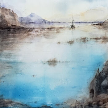 Painting titled "Horizon silencieux" by Muriel Mougeolle, Original Artwork, Watercolor