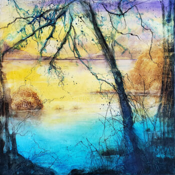 Painting titled "L'île aux secrets" by Muriel Mougeolle, Original Artwork, Watercolor Mounted on Wood Stretcher frame