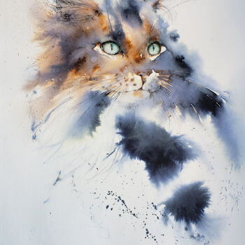 Painting titled "Sweet cat" by Muriel Mougeolle, Original Artwork, Watercolor