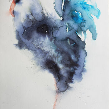 Painting titled "Coq bleu" by Muriel Mougeolle, Original Artwork, Watercolor