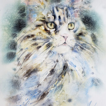 Painting titled "Magic cat" by Muriel Mougeolle, Original Artwork, Watercolor