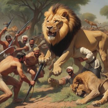 Digitale Kunst getiteld "Stop hunting lions" door Mustansar Abbas, Origineel Kunstwerk, AI gegenereerde afbeelding