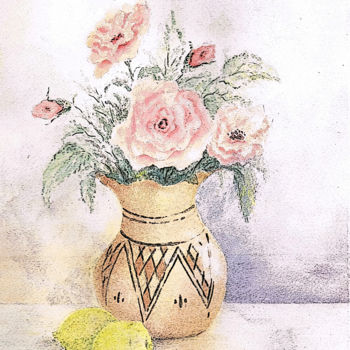 Painting titled "Roses et citrons" by Mustapha Dali, Original Artwork, Watercolor