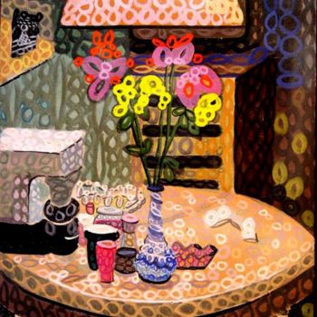 Картина под названием "цветы и кофеварка *…" - Yuri Kossagovsky, Подлинное произведение искусства, Масло