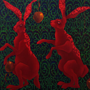 Ζωγραφική με τίτλο "Red rabbits collect…" από Marina Venediktova, Αυθεντικά έργα τέχνης, Λάδι Τοποθετήθηκε στο Ξύλινο φορείο…