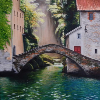 Painting titled "Nesso, Lago di Como" by Marina Viñoly Apaolaza, Original Artwork, Oil Mounted on Other rigid panel