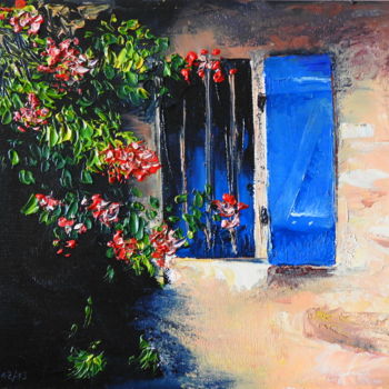 Malerei mit dem Titel "Ventana azul con Sa…" von Marina Viñoly Apaolaza, Original-Kunstwerk, Öl