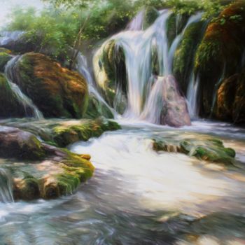 Painting titled "Waterfall in the mi…" by Mykola Kaftan, Original Artwork, Oil