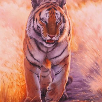 Painting titled "Golden tiger" by Mykola Kaftan, Original Artwork, Oil