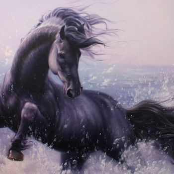Pintura intitulada "Horse and sea" por Mykola Kaftan, Obras de arte originais, Óleo