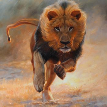 Schilderij getiteld "Lion running" door Mykola Kaftan, Origineel Kunstwerk, Olie