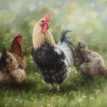 Painting titled "Cock and hens" by Mykola Kaftan, Original Artwork, Oil