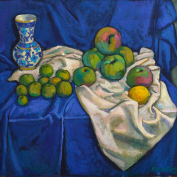 Painting titled "Apples on a blue ba…" by Mykola Kozlovskyi, Original Artwork, Oil