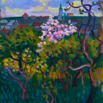Painting titled "Orchard, spring" by Mykola Kozlovskyi, Original Artwork, Oil Mounted on Cardboard