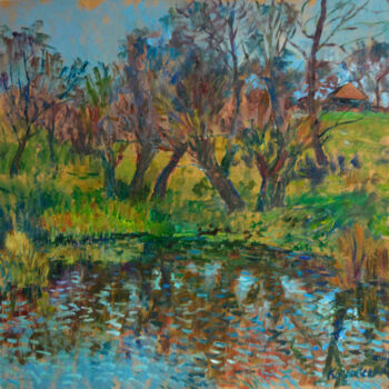 Peinture intitulée "Pond. Willows" par Mykola Kozlovskyi, Œuvre d'art originale, Huile