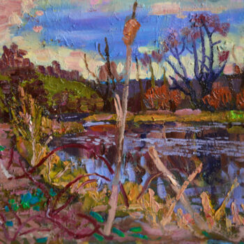 Peinture intitulée "Lake in early spring" par Mykola Kozlovskyi, Œuvre d'art originale, Huile