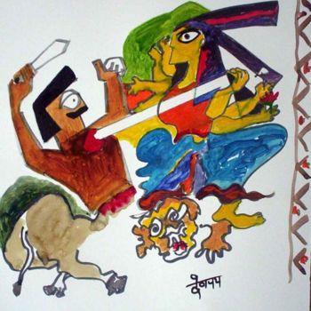 Painting titled "durga" by Debjay Misra, Original Artwork