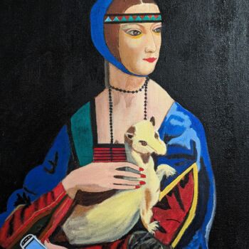 Painting titled "La dame au portable" by Myriam Djaouk, Original Artwork, Acrylic