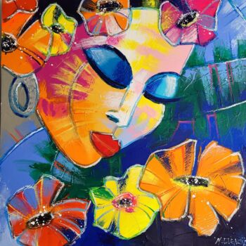 Painting titled "LA MUSE AUX FLEURS" by Myriam Guenaizia, Original Artwork, Oil Mounted on Wood Stretcher frame