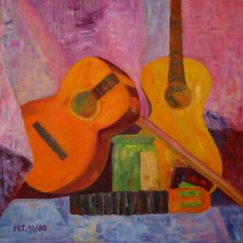 Painting titled "Guitare cassée" by Myriam Thomas, Original Artwork, Oil