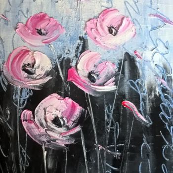 Painting titled "coquelicots-roses-s…" by Myriam Wasielewski, Original Artwork, Oil