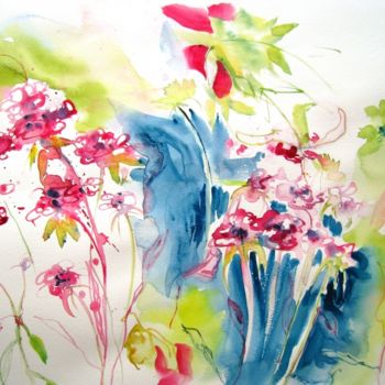 Pintura intitulada "Méli mélo de fleurs" por Myriam Fischer, Obras de arte originais, Aquarela
