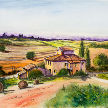 Painting titled "Un été en Toscane" by Myriam Lonardi, Original Artwork, Watercolor
