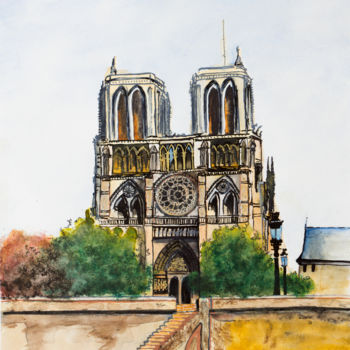 Painting titled "Cathédrale Notre-Da…" by Myriam Lonardi, Original Artwork, Watercolor