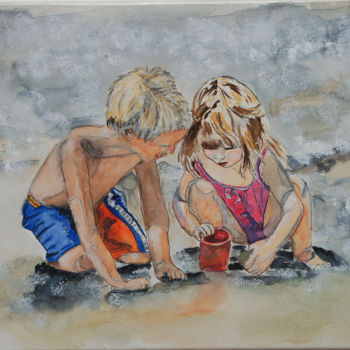 Malerei mit dem Titel "Château de sable (2)" von Myriam Lonardi, Original-Kunstwerk, Aquarell