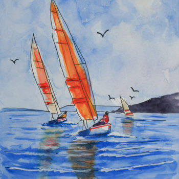 Painting titled "Sortie en mer" by Myriam Lonardi, Original Artwork, Watercolor