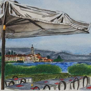 Pintura intitulada "Café sur le Lac de…" por Myriam Lonardi, Obras de arte originais, Aquarela
