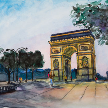 Painting titled "Vue sur l'Arc de Tr…" by Myriam Lonardi, Original Artwork, Watercolor