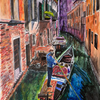 Pintura intitulada "Venise en amoureux" por Myriam Lonardi, Obras de arte originais, Aquarela