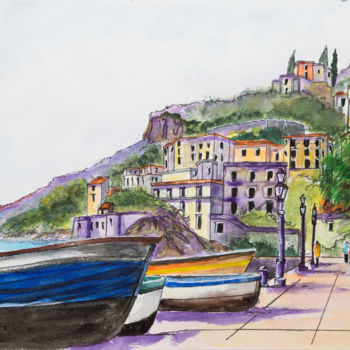 Peinture intitulée "Port Amalfi" par Myriam Lonardi, Œuvre d'art originale, Aquarelle