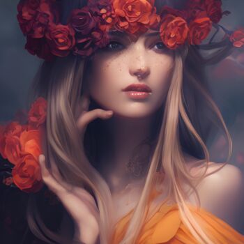 Цифровое искусство под названием "Woman And Roses" - Mystic Muse, Подлинное произведение искусства, Изображение, сгенерирова…