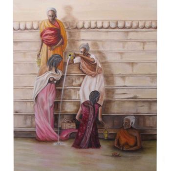 Peinture intitulée "Bain dans le Gange" par Nathalie Viti, Œuvre d'art originale, Huile