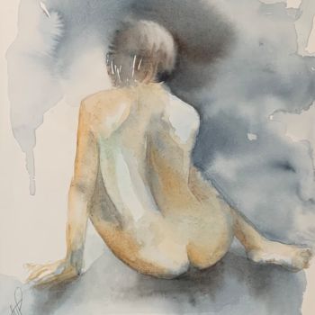 Painting titled "Nu de dos" by Naalya, Original Artwork, Watercolor Mounted on Cardboard