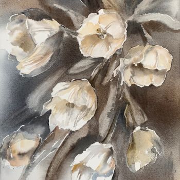 Painting titled "Tulipes sépia" by Naalya, Original Artwork, Watercolor Mounted on Cardboard